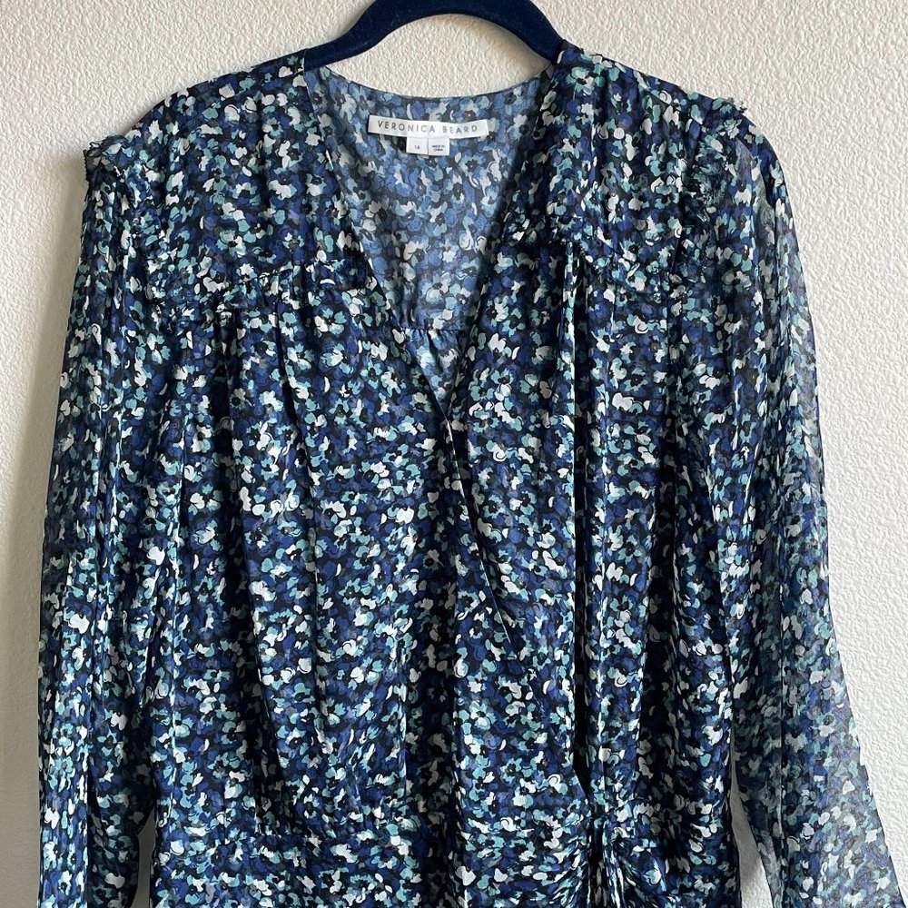 Veronica Beard Dress Anjali Ruched Blue Floral Print Silk Mini Length Womens 14 - Picture 2 of 14